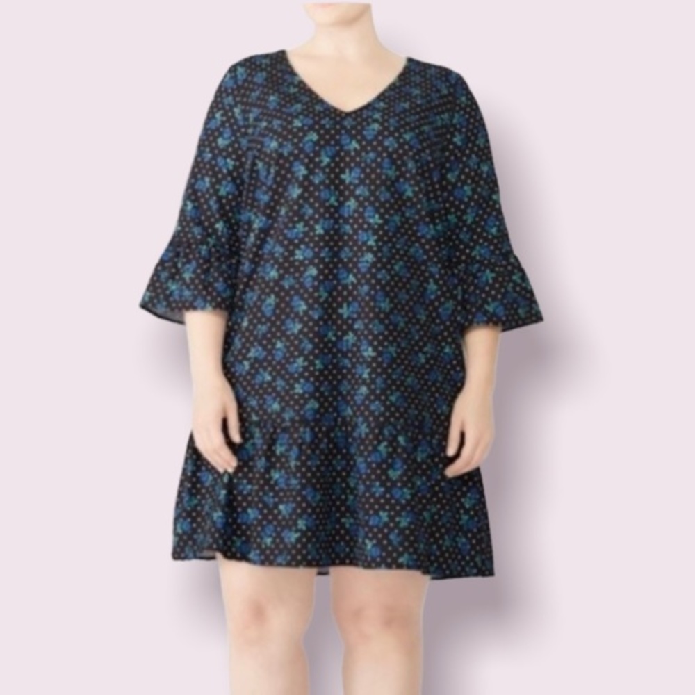 Draper James Black Floral V-Neck Ruffle Hem Dress